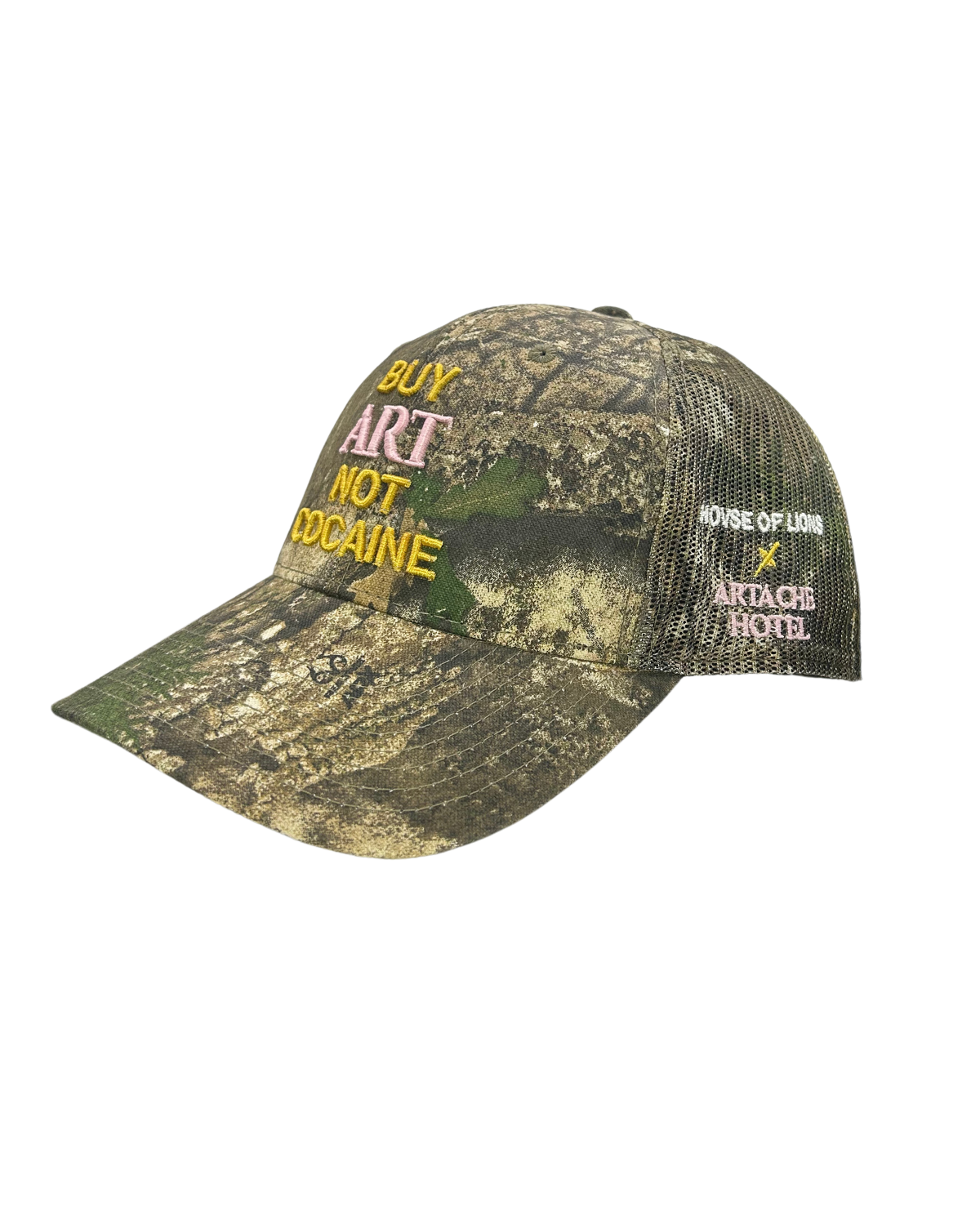 BUY ART NOT COCAINE Camouflage Hunting Trucker Hat