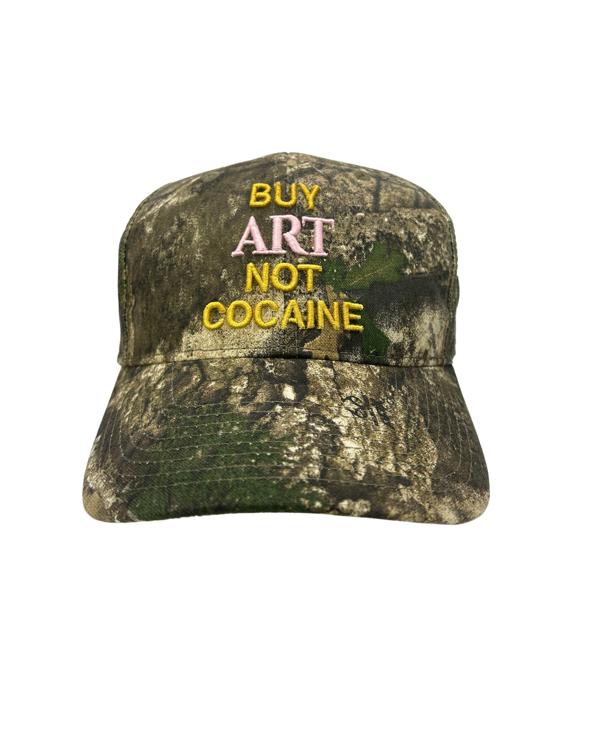 BUY ART NOT COCAINE Camouflage Hunting Trucker Hat