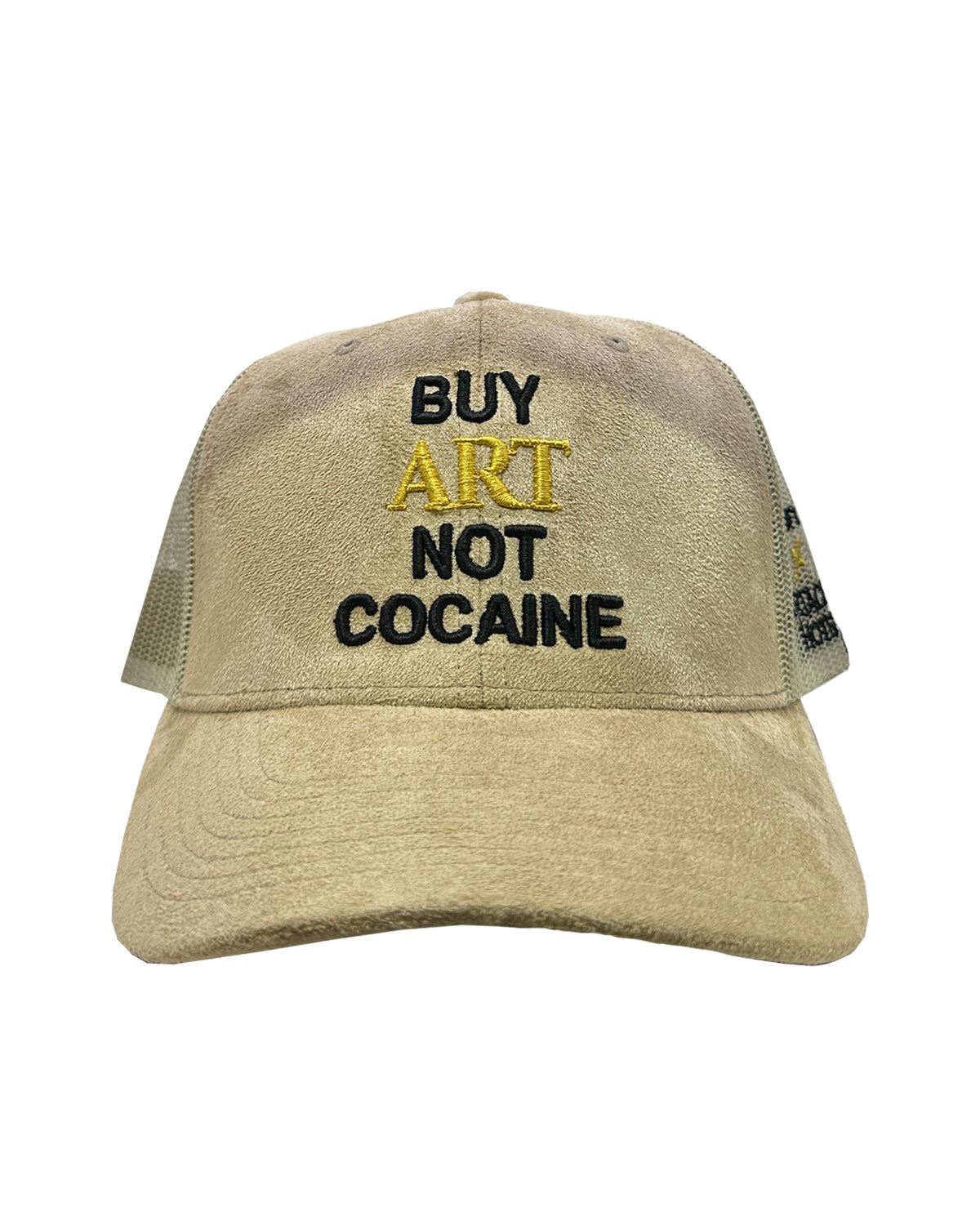 BUY ART NOT COCAINE Beige Suede Trucker Hat