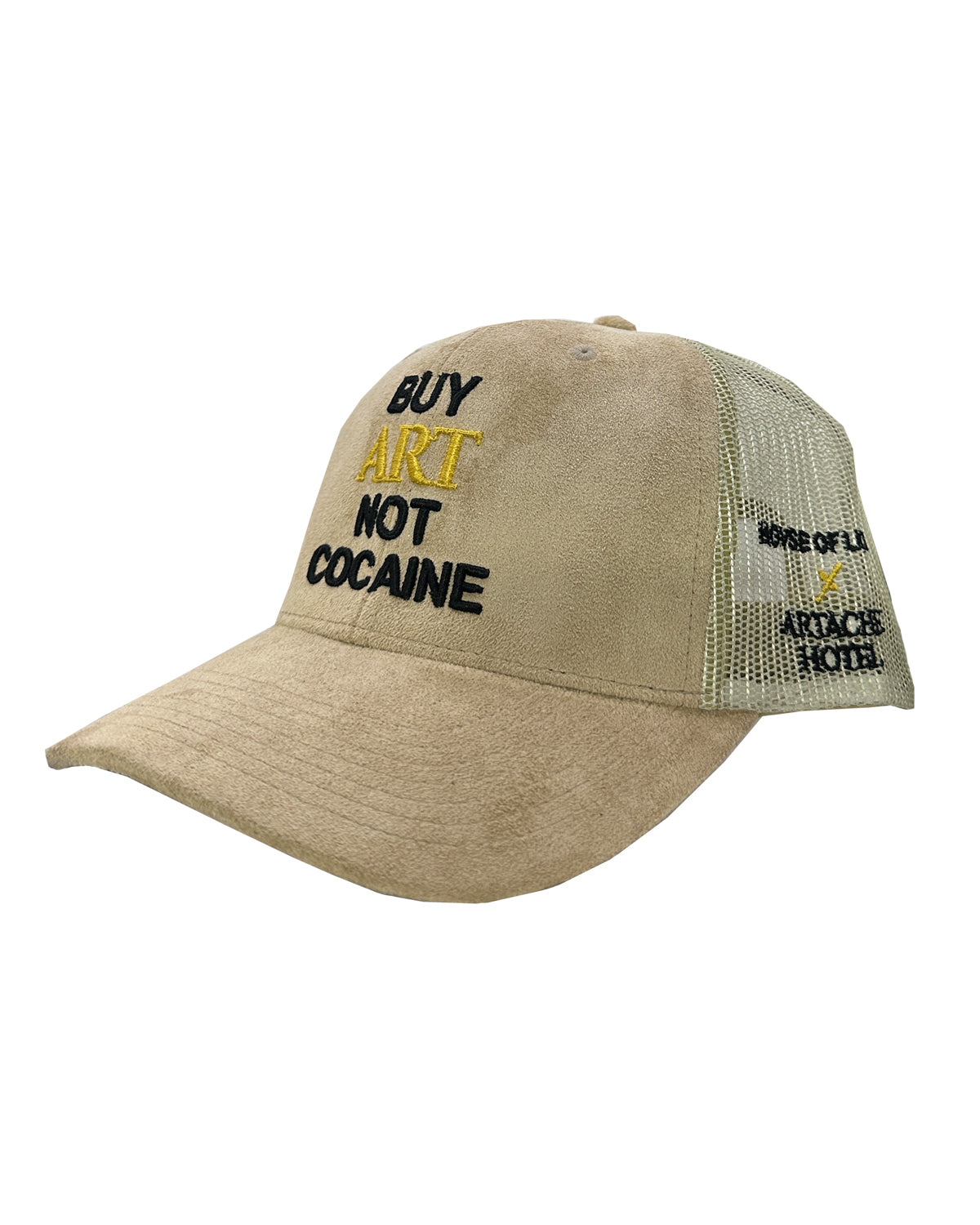 BUY ART NOT COCAINE Beige Suede Trucker Hat