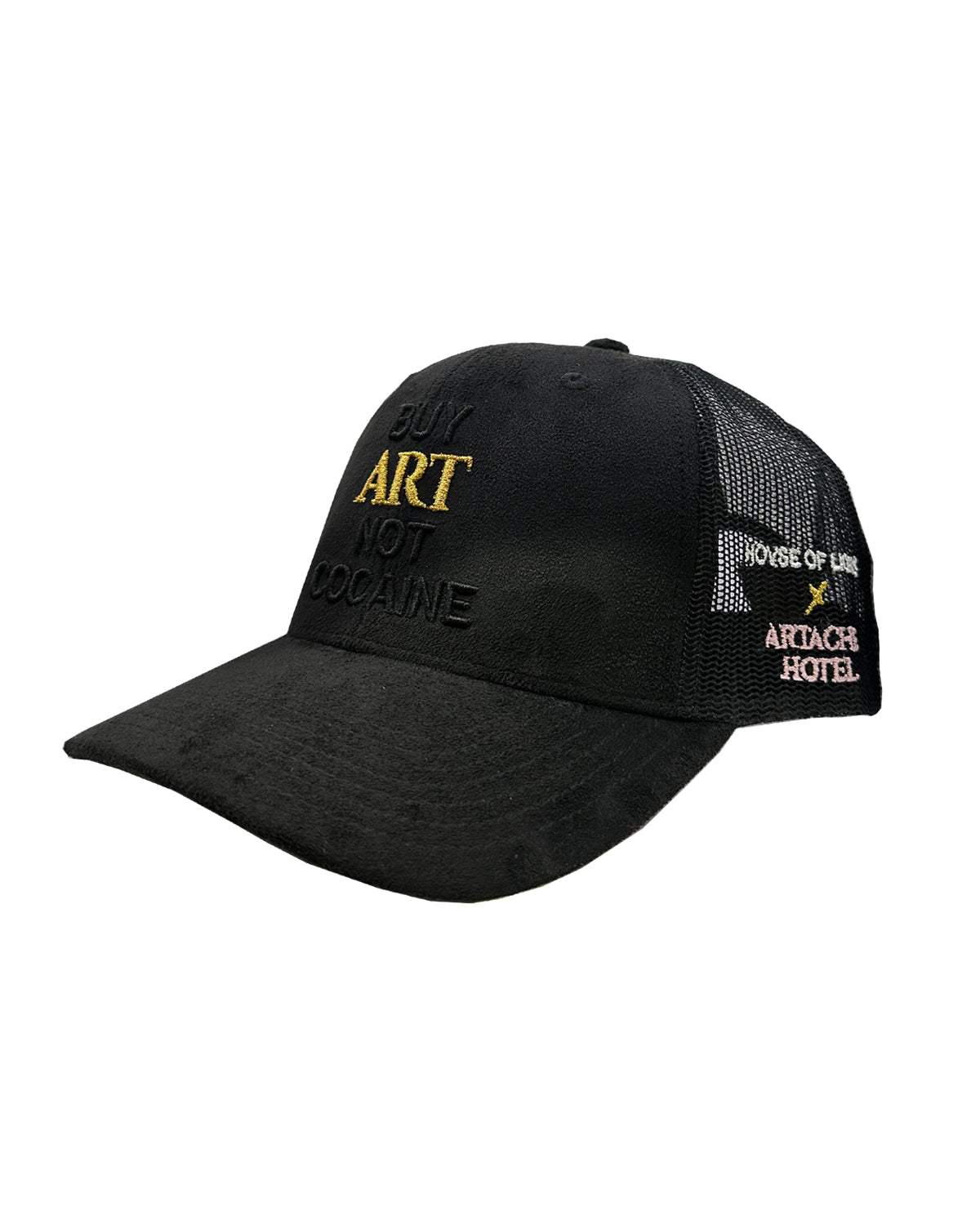 BUY ART NOT COCAINE Black Suede Trucker Hat