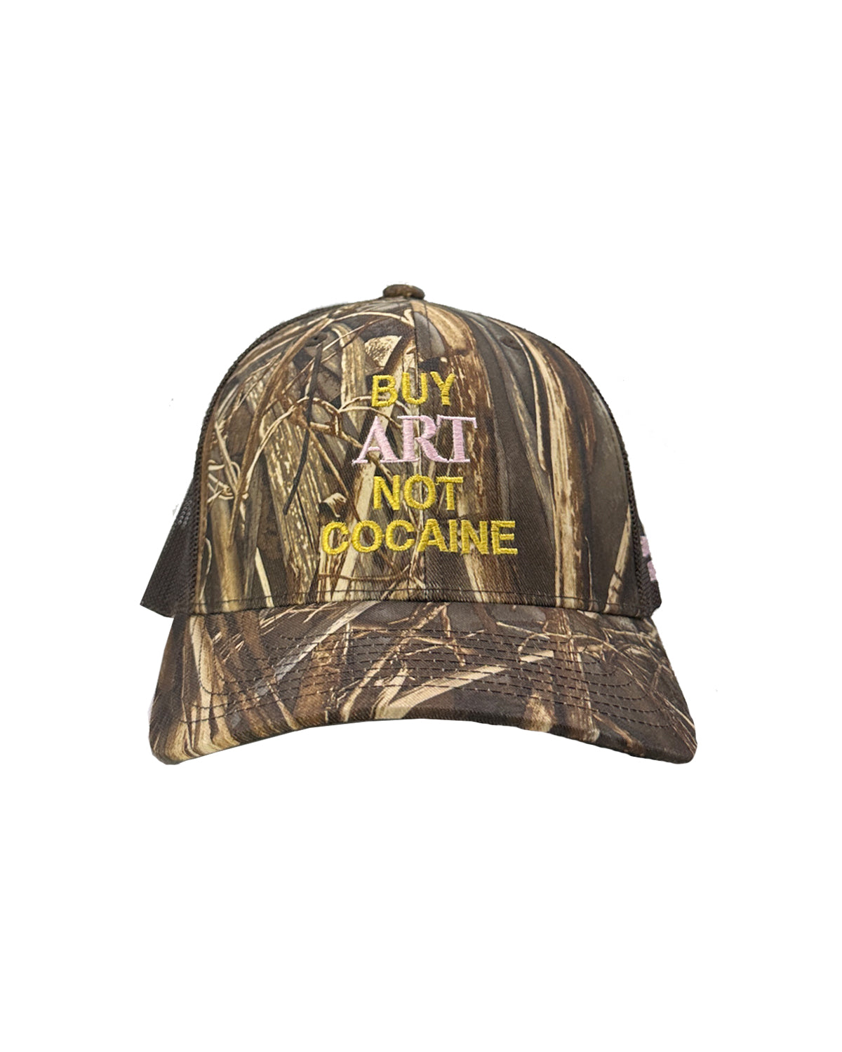 BUY ART NOT COCAINE Camouflage Hunting Trucker Hat