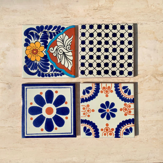 Unique Hand Painted Ceramic Coaster Set - Blue & Orange