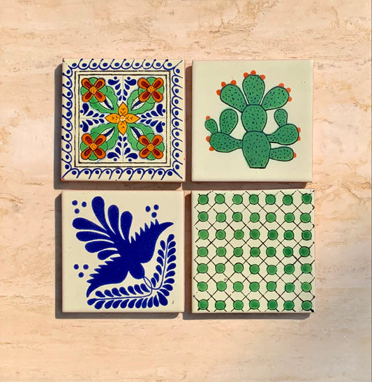 Unique Hand Painted Ceramic Coaster Set - Green, Blue, & Red